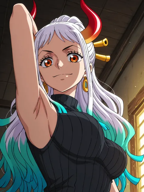 masterpiece, best quality, amazing quality, light source in front, anime screencap, anime coloring, 1girl, solo, yamato, long hair, ponytail, multicolored hair, white hair, aqua hair, orange eyes, medium breasts, earrings, horns, colored horns, hair stick,...