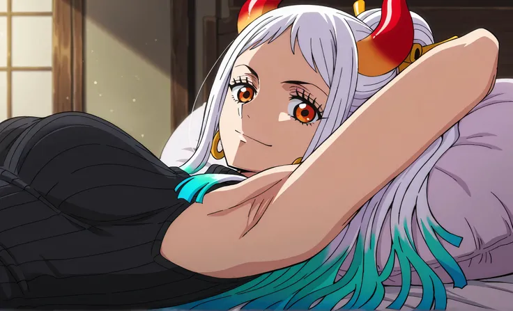masterpiece, best quality, amazing quality, light source in front, anime screencap, anime coloring, 1girl, solo, yamato, long hair, ponytail, multicolored hair, white hair, aqua hair, orange eyes, medium breasts, earrings, horns, colored horns, hair stick,...