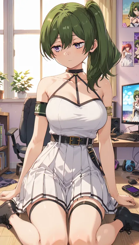 Gamer girl, ubel, ((big breasts:1.3)), embarrassing, looking at the camera, medium hair, hair between eyes, green hair, side ponytail, purple eyes, skirt, gloves, dress, bare shoulders, pleated skirt, sleeveless, black gloves, elbow gloves, belt, miniskirt...