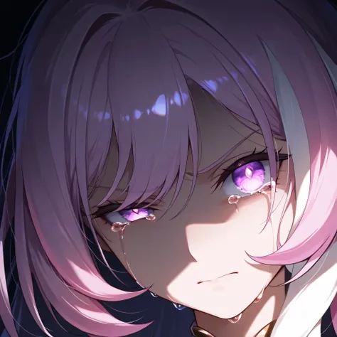 elysia herrscher of human ego ,1girl, close up, head tilt, confident, messy hair, sad, looking at viewer, dark atmosphere, serious expression, angry feel, tears, crying on one eye