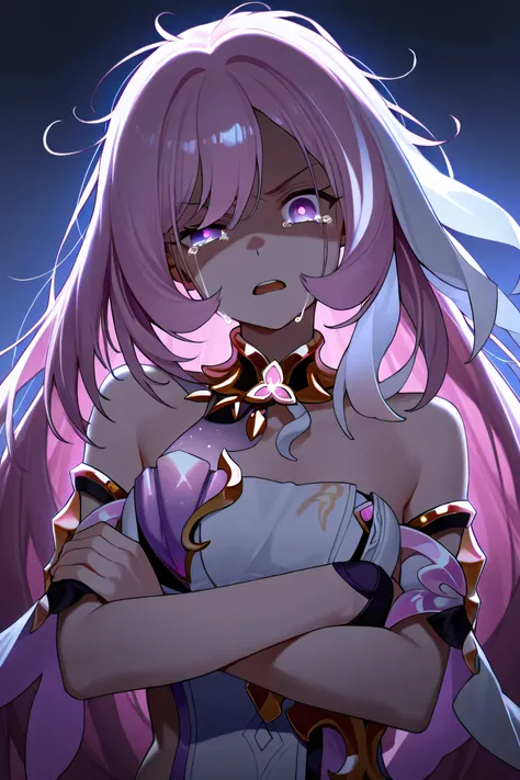 elysia herrscher of human ego ,1girl, head tilt, confident, messy hair, sad, looking at viewer, dark atmosphere, serious expression, angry feel, tears, crying on one eye, open mouth, crossed arms, stiffed shoulder, anger