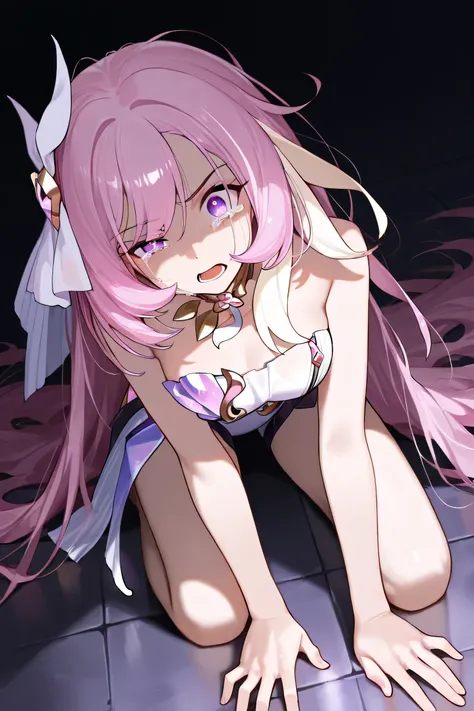 elysia herrscher of human ego ,1girl, head tilt, confident, messy hair, sad, looking at viewer, dark atmosphere, serious expression, angry feel, tears, crying on one eye, open mouth like shocked or angry, raised eyebrow, kneeling on floor, hand on floor