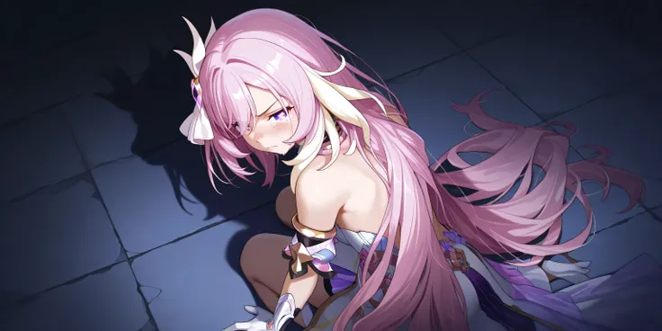 elysia herrscher of human ego ,1girl, head tilt, long hair, messy hair, hair scattered on floor, sad, dark atmosphere, serious expression, angry feeling, tears, detailed eyes, detailed face, best qualiity, crying on one eye, kneeling on floor, hand on floo...