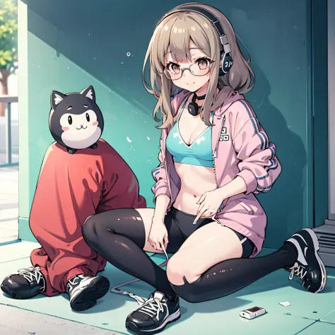 1girl, futaba rio, wearing a track suit jacket unzipped, sports bra underneath, tight leggings, glasses , light breeze, confident smile, headphones around neck, relaxed sporty look, soft sunlight, anime style, masterpiece, full body