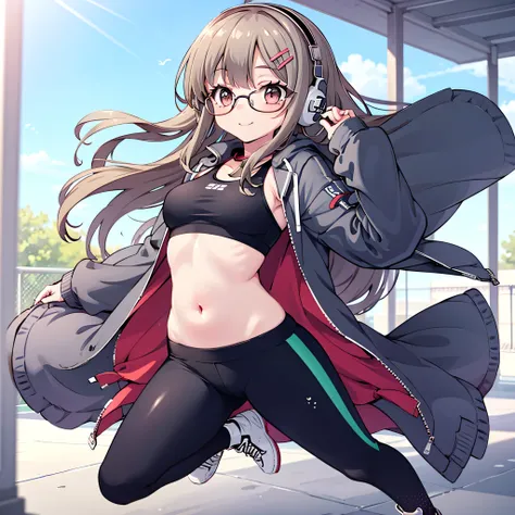 futaba rio, wearing a track suit jacket unzipped, sports bra underneath, tight  leggings, glasses, , light breeze, confident smile, headphones around neck, relaxed sporty look, soft sunlight, anime style, masterpiece, 1girl, full body