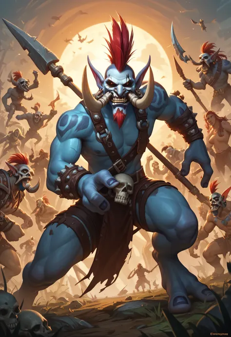 ((Vol'jin)), troll, blue skin, tusks, red hair, ((tall mohawk)), tri-forked red goatee, skull facepaint, voodoo charms, witch doctor, World of Warcraft, hunched posture, action pose, spear
