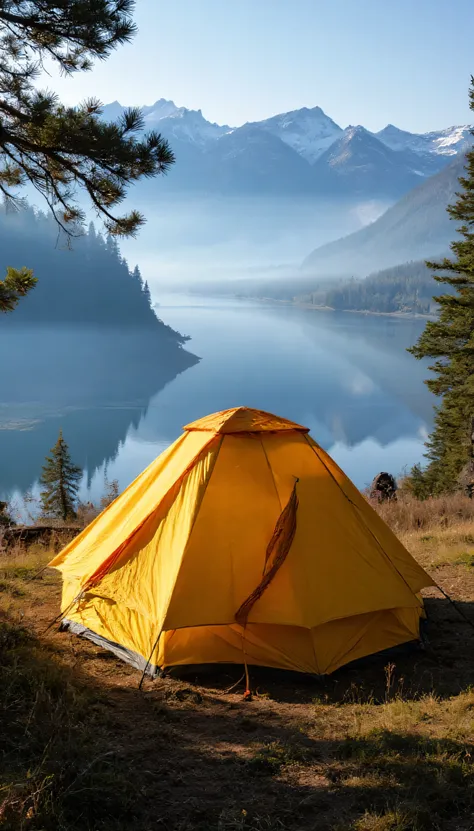 spectacular scenery of mighty water、wide-angle lens、There are no people on the、Backlight、The army has set up many tents and is camping、and the tent is richly decorated in the middle、The tent is for 2 people、the tent is small、Bonfire、A few people are cookin...