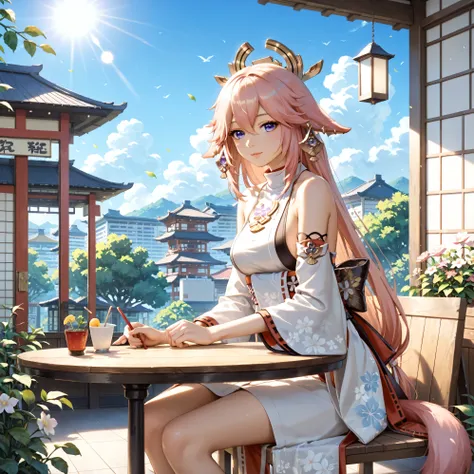 Yae Miko from Genshin Impact,fox woman,invisible nine tails sitting at an outdoor restaurant table, enjoying summer near Tokyo, Japan, wearing a stylish summer yukata, warm sunlight, blue sky, gentle breeze, flowers and greenery around, city skyline in the...