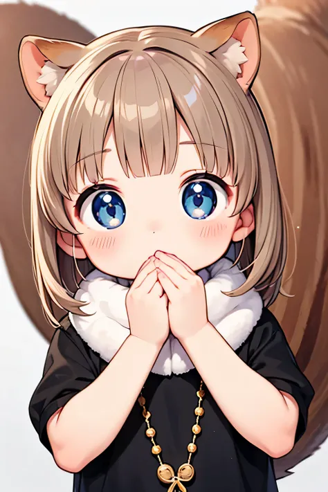 Highest Quality、masterpiece、Portrait Photo、soft background blur、natural skin tone、REALISTIC LIGHTING、a baby squirrel so small that it fits comfortably in the palm of your hand。wrapped in soft hair like downy hair、eyes sparkling like black beads。trying to g...