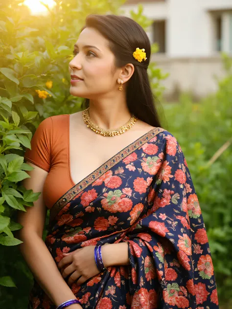 A woman with deep cleavages stands in a sunlit garden, exuding a vibrant and warm presence. She is adorned in a traditional Indian saree featuring a detailed pattern of orange, red, and green floral motifs against a deep navy background. Her short-sleeved ...