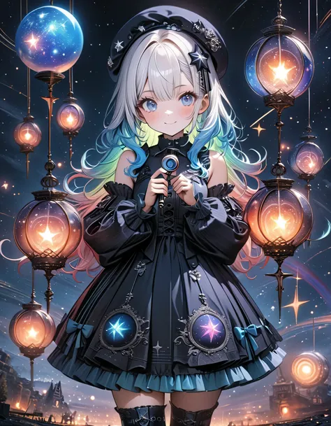 best details、CG、HHD、32K、Cute cute smile、facing the viewer、character design sheet、1girls, cute, masterpiece, Lots of Decorations , High Quality, very detailed, 8k, magnifying glass , long hair, straight hair, Bang, gothic, frills, race, traditional patter...