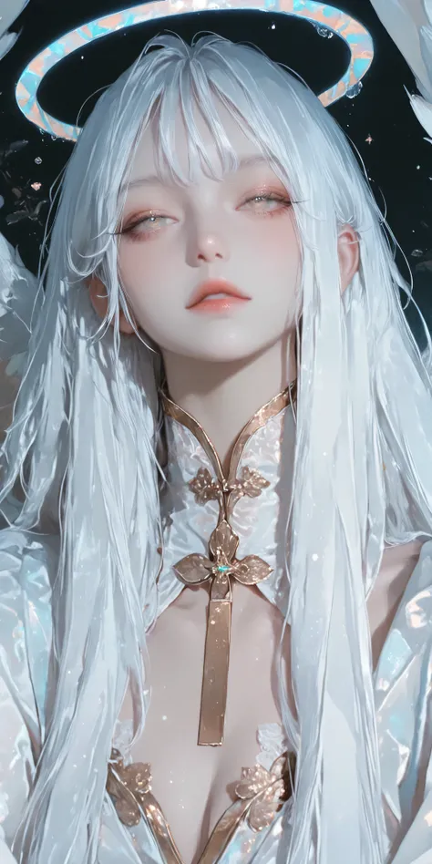 girl, asian, white hair, angel, whimsical, detailed portrait of a young asian woman with angelic features, long white hair, soft whimsical expression, standing in a magical ethereal environment, 4k, highly detailed, photorealistic, intricate, fantasy, digi...