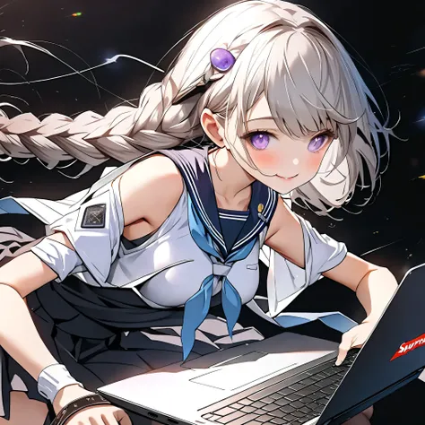 with the best details、studying with a laptop、(((Stand on your laptop and ride、It's moving through the air:1.3)))、(((AR、VR、I'm wearing a scout)))、1GIRL、cute face、baby face、(((dynamic best configuration、Best Quality、supreme masterpiece、super definition、high ...