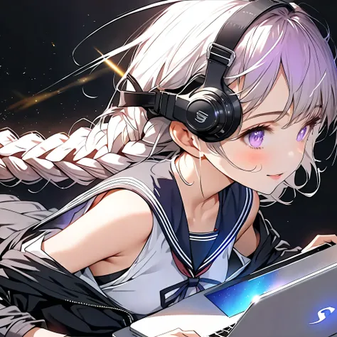 with the best details、studying with a laptop、(((Stand on your laptop and ride、It's moving through the air:1.3)))、(((AR、VR、I'm wearing a scout)))、1GIRL、cute face、baby face、(((dynamic best configuration、Highest Quality、supreme masterpiece、super definition、hi...
