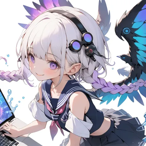 with the best details、(((It's a vehicle in the shape of a laptop))、(((moving through the air on top of a laptop)))、(((AR、VR、Kakure Hime wears goggles that show mathematical equations)))、1GIRL、cute face、baby face、(((dynamic best configuration、Best Quality、s...