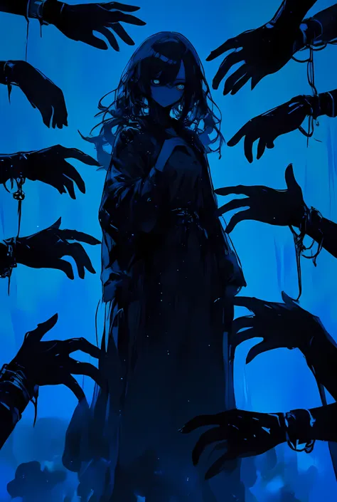 The image depicts a figure with long, flowing hair, partially covered by their hand, which is raised to their face. The figure is dressed in a dark outfit, and their face is obscured by the hand covering it. Surrounding the figure are multiple hands of var...