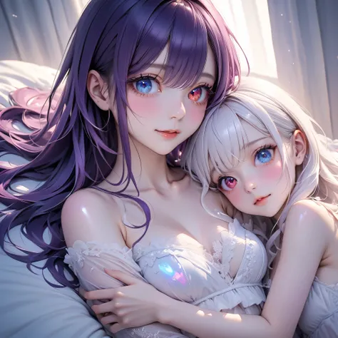 ((Highest quality, 8K, highest resolution, masterpiece, ultra-realistic)), ((Two beautiful high school girls with heterochromia)), ((Heterochromia, blue eyes, red eyes)), ((Sparkling, narrow eyes)), ((Detailedly drawn eyes)), ((Crystal-like eyes)), (Long, ...