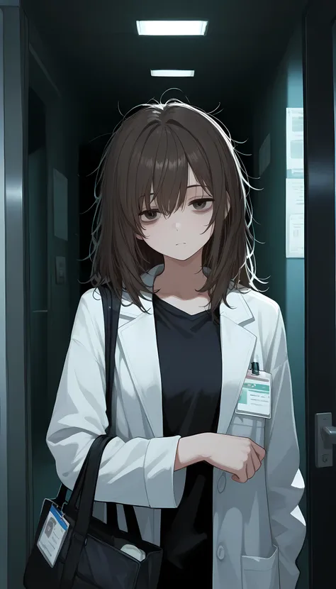 masterpiece, Best quality, upper body, 1 girl, black disheveled hair, lab coat, relaxed pose, costs, entrance in the background, cold lighting, tired look, quiet and disturbing scene, late night work atmosphere, looks at the viewer, A bag in hand