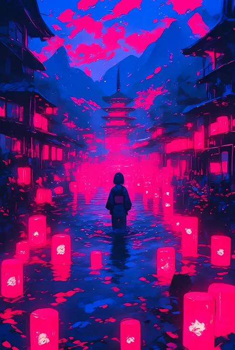 The image depicts a serene night scene with a person standing in shallow water, facing a landscape filled with floating lanterns. The lanterns emit a soft pink glow, creating a magical atmosphere. The person is dressed in traditional clothing, possibly a k...