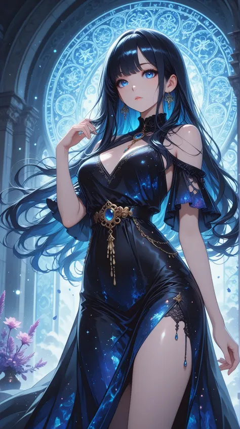 A graceful anime girl floating through a magical navy blue kingdom full of sparkling runes and translucent crystal fragments, her dress shimmering in shades of black and lapis lazuli, deep and penetrating look with a subtle mysticism, ethereal mystery swir...