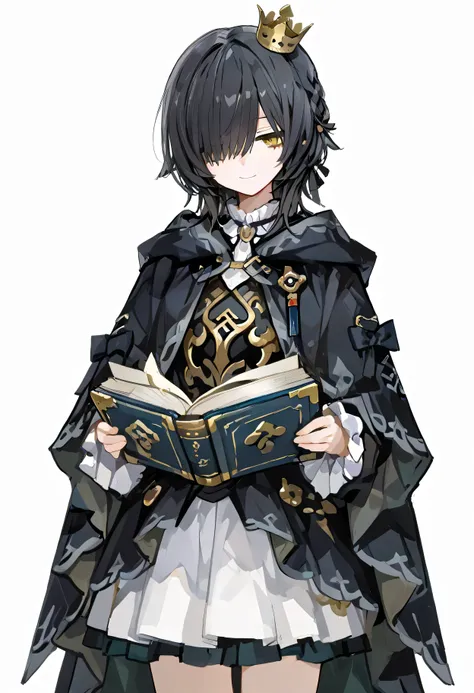 
super fine illustration,748cmstyle,1girl,hair over one eyes,black hair,yellow eyes,braid,wolf cut hair,jitome,light smile,open a big book,cowboy shot,cloak,little crown,king,white background,highly-detailed