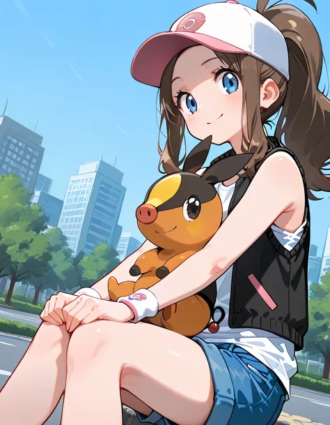 ((with Tepig(pokemon))),(dynamic angle,dynamic sitting on knees pose),solo,(closed up face,looking at viewer:1.3),upperbody,(pokemonhilda), blue eyes, brown hair, long hair, ponytail,
baseball cap, blue shorts, denim, hat, shorts, vest, wristband, sleevele...
