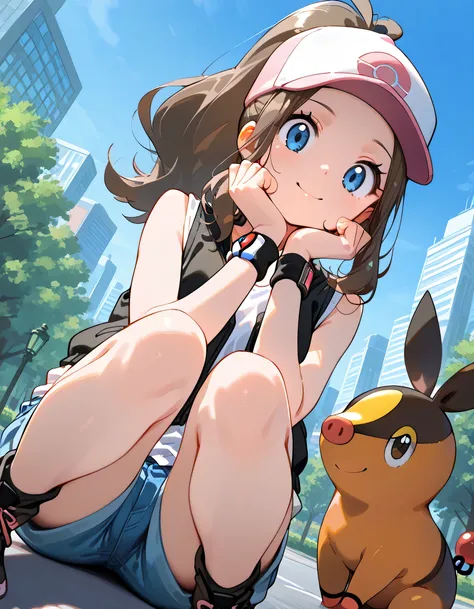 ((with Tepig(pokemon))),(dynamic angle,dynamic sitting on knees pose),solo,(closed up face,looking at viewer:1.3),upperbody,(pokemonhilda), blue eyes, brown hair, long hair, ponytail,
baseball cap, blue shorts, denim, hat, shorts, vest, wristband, sleevele...