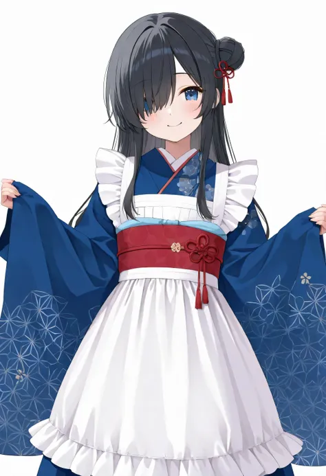 black hair、Black hair 、blue eyes、long hair、hair over one eye、single hair bun、round face、A cute anime-style maid outfit with a traditional Japanese touch. The outfit features a blue kimono patterned with floral and geometric designs, worn under a white fril...