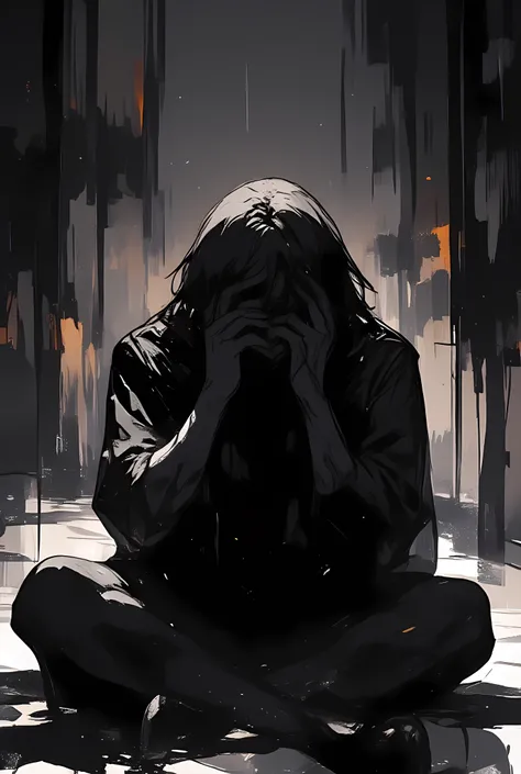 The image depicts a person sitting cross-legged on the floor, with their head bowed and hands covering their face. The background is dark and abstract, featuring a mix of muted colors and dripping paint effects, creating a somber and introspective atmosphe...