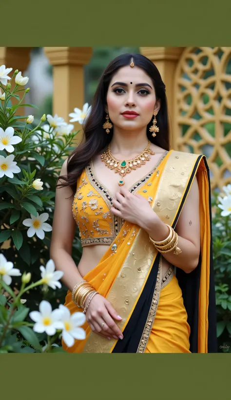 A captivating portrait of a yakshini Usha beautiful woman in a traditional Indian saree, posed elegantly in a lush garden setting. The saree is a stunning combination of vibrant yellow and black, adorned with intricate gold embroidery and embellishments. T...
