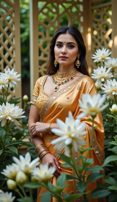A captivating portrait of a yakshini Usha beautiful woman in a traditional Indian saree, posed elegantly in a lush garden setting. The saree is a stunning combination of vibrant yellow and black, adorned with intricate gold embroidery and embellishments. T...