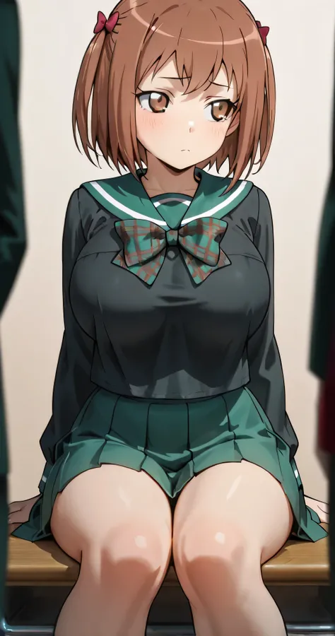 hataraku maou-sama!
eyelashes, short hair, brown hair, bow, brown eyes, two side up, hair ornament
breasts, large breasts
school uniform, serafuku, pleated skirt, long sleeves, shirt, green sailor collar, green skirt, black shirt, checkered bow, checkered ...
