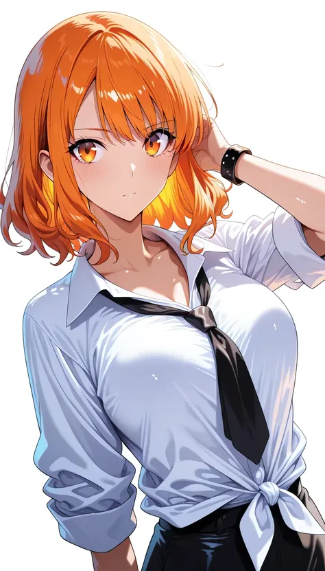 full-body girl, black stylish outfit, oversized loose shirt, loosely tied tie, rolled-up sleeves, simple shiny bracelet on wrist, long black wavy hair, bright orange eyes, confident strong expression, one hand on hip, one arm forward, simple background, so...
