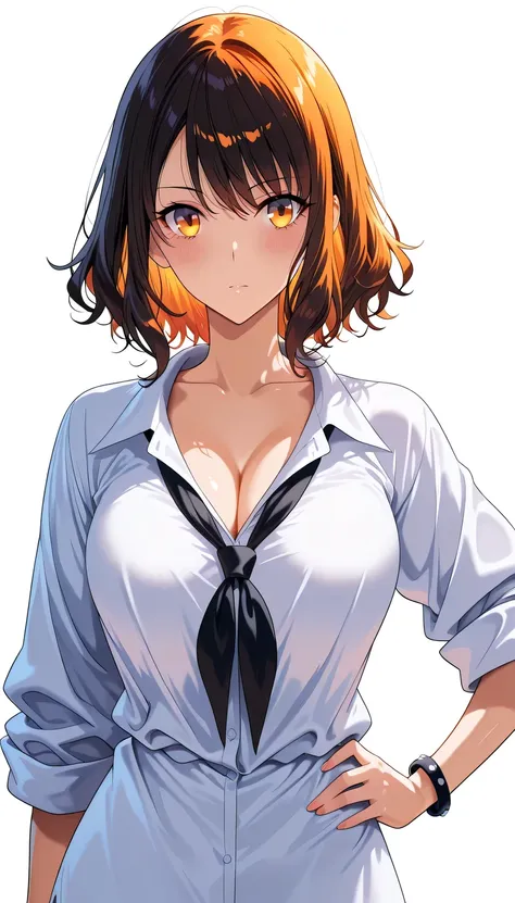 full-body girl, black stylish outfit, oversized loose shirt, loosely tied tie, rolled-up sleeves, simple shiny bracelet on wrist, long black wavy hair, bright orange eyes, confident strong expression, one hand on hip, one arm forward, simple background, so...