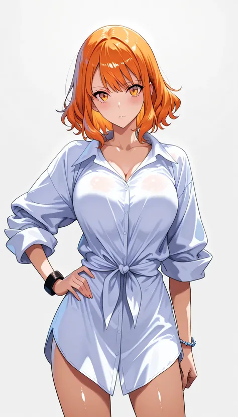 full-body girl, black stylish outfit, oversized loose shirt, loosely tied tie, rolled-up sleeves, simple shiny bracelet on wrist, long black wavy hair, bright orange eyes, confident strong expression, one hand on hip, one arm forward, simple background, so...