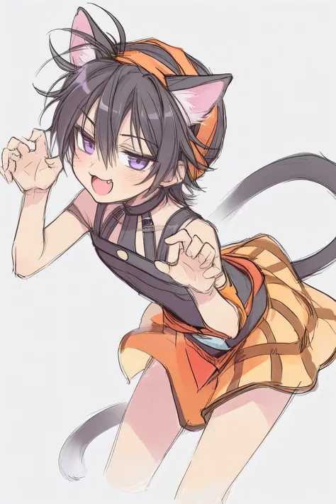 narancia,one boy,cute,cool,brack cat ears,brack hair,purple eyes,brack tail, white background, Bust-up shot, naughty face,solo, sketch, fang,narancia’s clothes,brack clothes, claw pose
