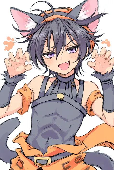 narancia,one boy,cute,cool,brack cat ears,brack hair,purple eyes,brack tail, white background, Bust-up shot, naughty face,solo, sketch, fang,narancia’s clothes,brack clothes, claw pose