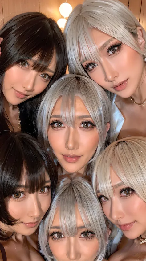 look at the 3 beautiful women here、collect beautiful platinum colored hair、From close to the face 、Collect faces in the center、Smile、Show me your teeth and Smile at me、Surprised Eyes、 Please bring your face closer to the front 、 big nipples , Huge Nippl...