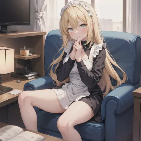 A beautiful anime girl wearing a neat dark blue and white maid outfit. She is sitting on a fully reclined seat in a typical Japanese manga café semi-private booth. Around her are a computer monitor, a stack of manga books, and a drink cup nearby. She holds...