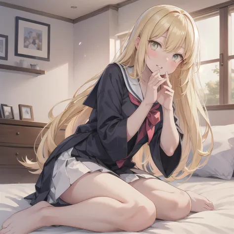A cute anime girl wearing a Japanese schoolgirl sailor uniform. She is sitting on a bed in a cozy, plush-filled girl's bedroom. Her hands are lightly clasped in front of her mouth, as if holding something invisible. Her expression is dreamy and happy, with...