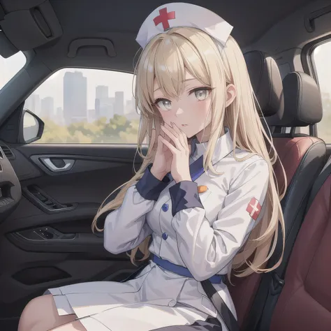 A beautiful anime girl sitting in the passenger seat of a compact car. She's wearing a light blue nurse uniform with a matching nurse cap, styled in a soft, elegant way. She leans slightly toward the driver's seat, her upper body tilted forward naturally. ...