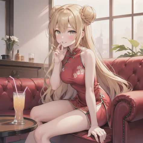 A cute anime-style girl with short light brown hair styled in two side buns, wearing a vivid red traditional Chinese dress with modest design details. She is sitting in a Japanese karaoke box, surrounded by a typical sofa, table, drink cup, and a moist han...