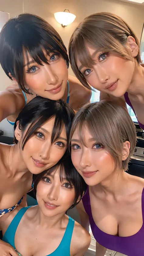 short hair、 look at the 3 beautiful women here、Please collect beautiful platinum colored hair、From close to the face 、Collect faces in the center、Smile、Show me your teeth and Smile at me、Surprised Eyes、 Please bring your face closer to the front 、 big ni...