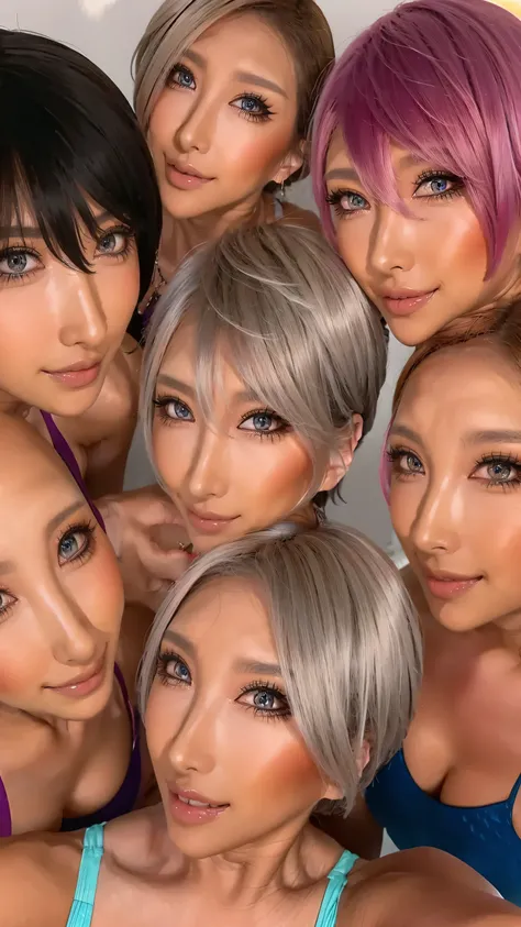 short hair、 look at the 3 beautiful women here、Please collect beautiful platinum colored hair、From close to the face 、Collect faces in the center、Smile、Show me your teeth and Smile at me、Surprised Eyes、 Please bring your face closer to the front 、 ...