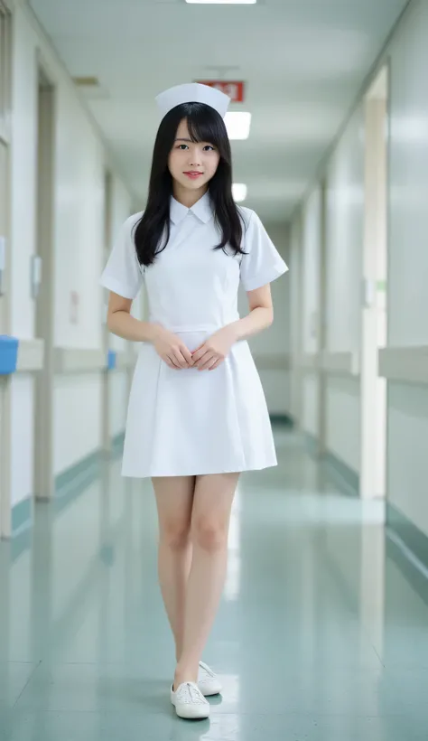 Japanese woman, nurse, nurse uniform, skirt, white pantyhose, standing, full body, solo, hospital,