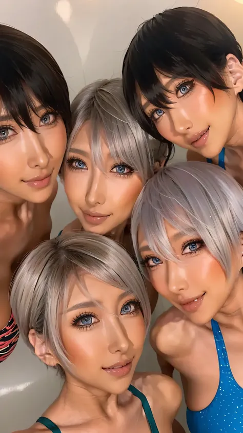 short hair、 look at the 3 beautiful women here、collect beautiful platinum colored hair、From close to the face 、Collect faces in the center、Smile、Show me your teeth and Smile at me、Surprised Eyes、 Please bring your face closer to the front 、 ,Look ...