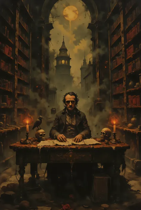 Edgar Allan Poe sitting at a desk in a Gothic library, a raven is perched on a human skull sitting on his desk, Gothic fantasy, high detail, masterpiece.