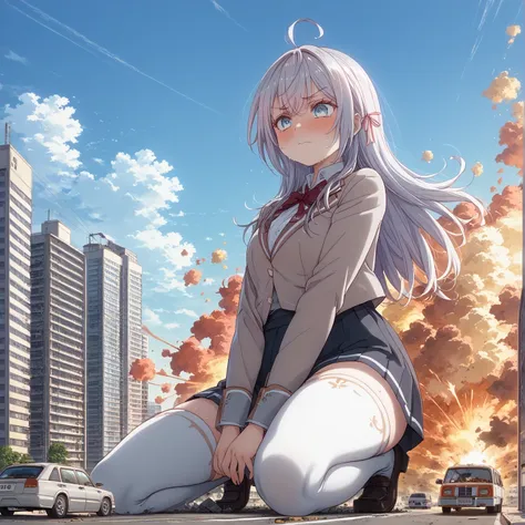 Shy Face、Female Giant、(1,000,000 kilometers long)、 、press your chest against the city、Destruction、Destruction、  Valley Emphasis、徹底的に街をDestruction、The building collapsed 、masterpiece、Best Quality、uncensored、((((big ))))、plump thighs、blazer after face、loafer...