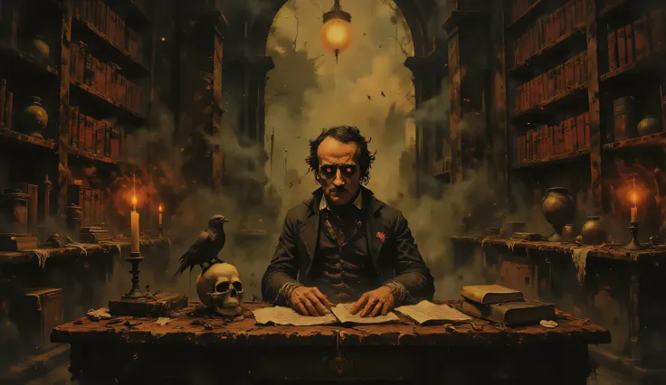 Edgar Allan Poe sitting at a desk in a Gothic library, a raven is perched on a human skull sitting on his desk, Gothic fantasy, high detail, masterpiece.