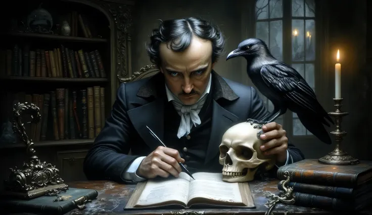 Edgar Allan Poe sitting at a desk in a Gothic library, a raven is perched on a human skull sitting on his desk, Gothic fantasy, high detail, masterpiece.